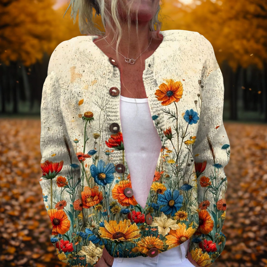 Women's Cardigan Long Sleeve Open Front with Floral Print - Multicolour