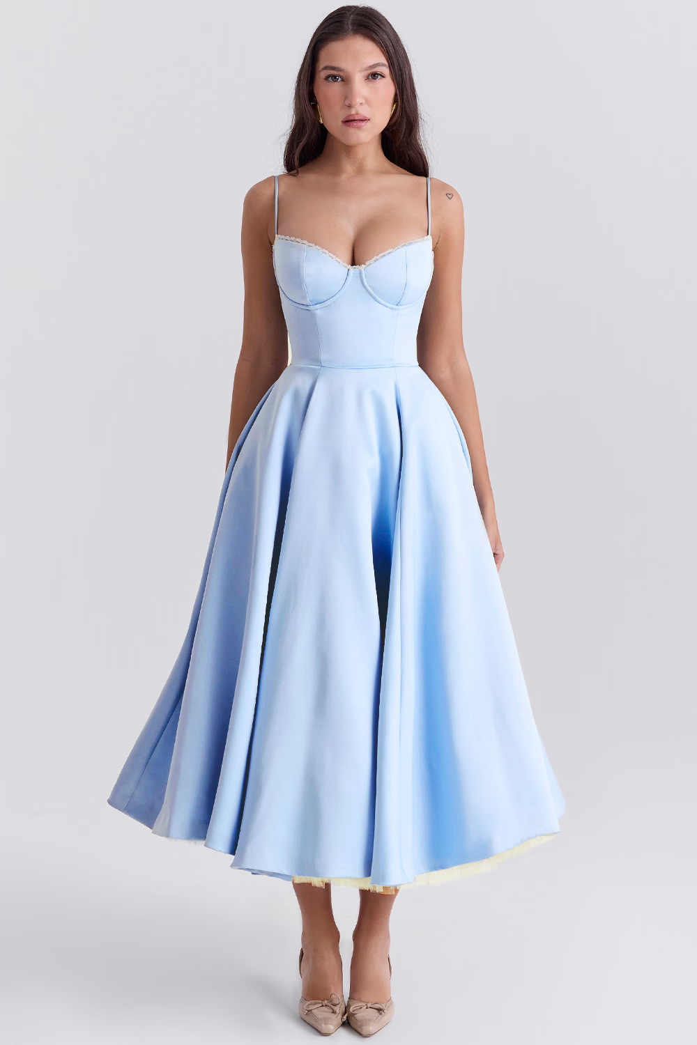 Women's Corset Midi Dress with A-Line Skirt and Sweetheart Neckline - Blue