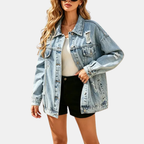 Women's Distressed Oversized Snap Button Denim Jacket - 7