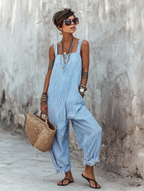 Women's Sleeveless Jumpsuit with Square Neck and Striped Pattern - Blue