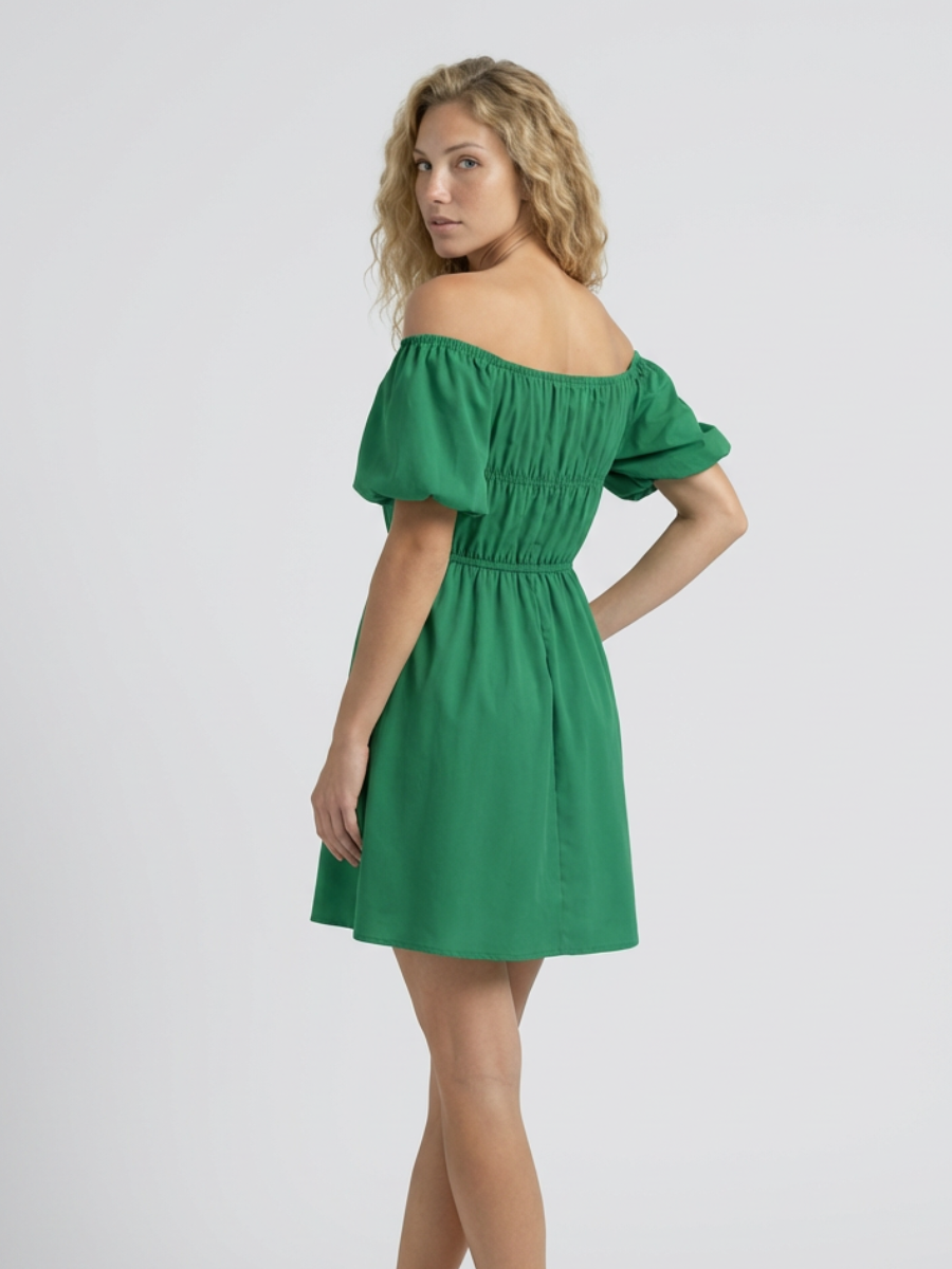 Women's Off-Shoulder Mini Dress with Puff Sleeves and A-Line Silhouette - 13