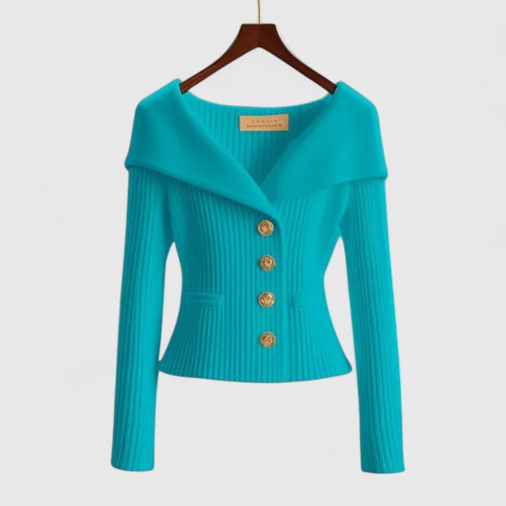 Women's Cardigan with Off-Shoulder Collar and Button Front - Blue
