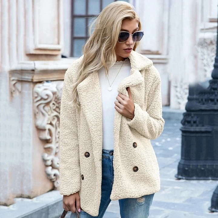 Women's Double-Breasted Teddy Jacket with Notch Lapels - 2