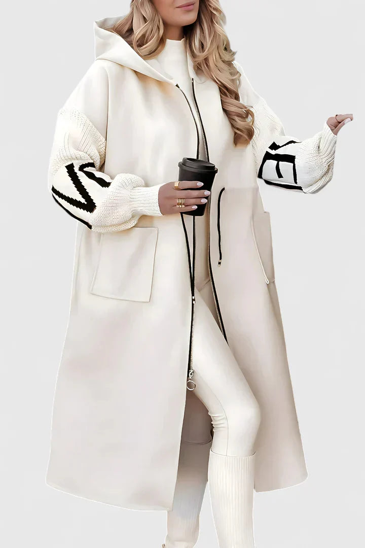 Women's Longline Hooded Coat with Zip Front and Contrast Knit Sleeves - White