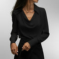 Women's Satin Blouse with Draped Collar and Long Sleeves - Black