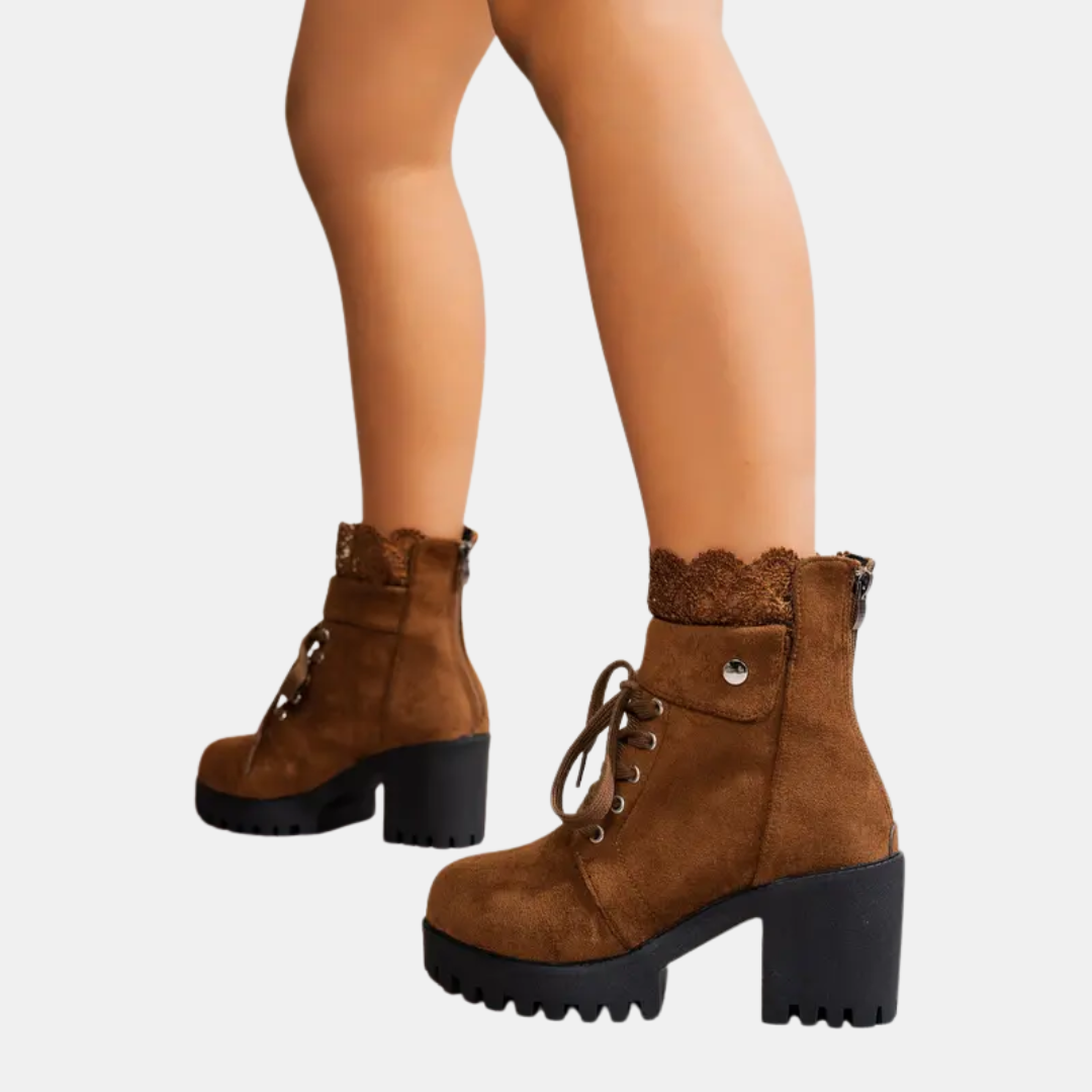 Women's Lace Up Ankle Boots with Decorative Lace Trim and Block Heel - 7
