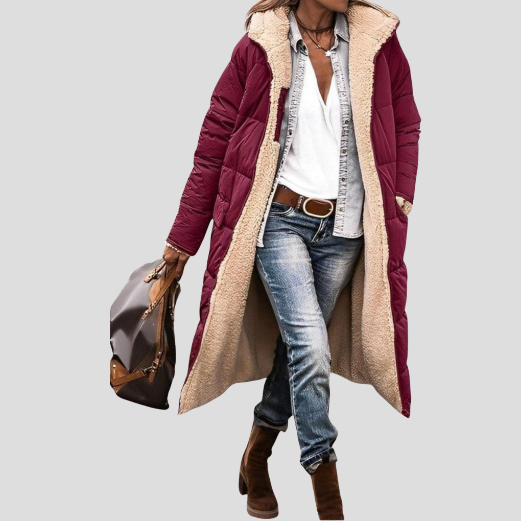 Women's Hooded Reversible Long Coat with Teddy Lining - Wine Red