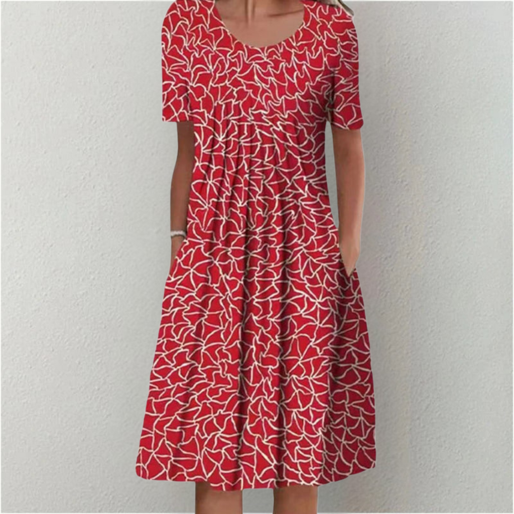 Women's Floral Print Short Sleeve Dress with Round Neck and Pockets - 6