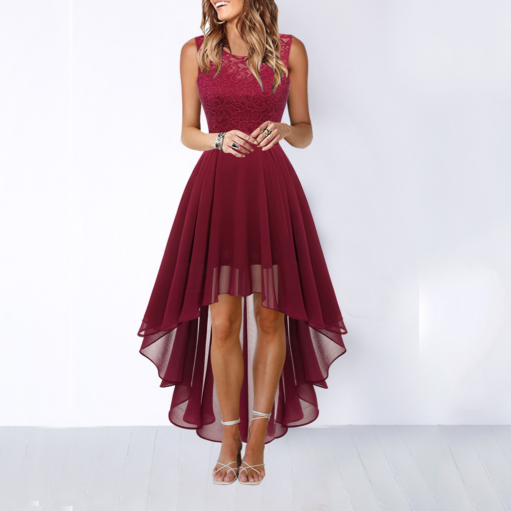 Women's Sleeveless High-Low Dress with Lace Bodice and A-Line Skirt - 4