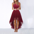 Women's Sleeveless High-Low Dress with Lace Bodice and A-Line Skirt - 4