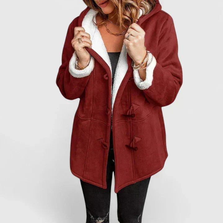Women's Hooded Duffle Coat with Toggle Fastening - Burgundy