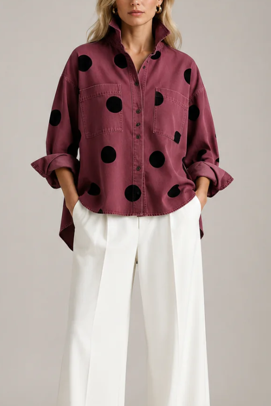Women's Polka Dot Blouse Oversized with Dramatic Draped Back - Red