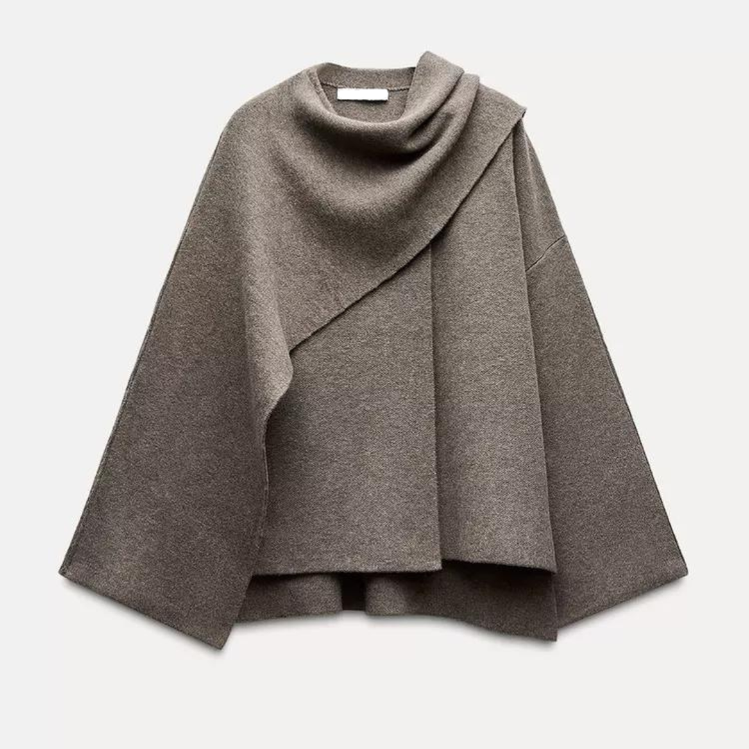 Women's Oversized Wrap Coat with Draped Neckline and Belted Waist - Brown/Beige