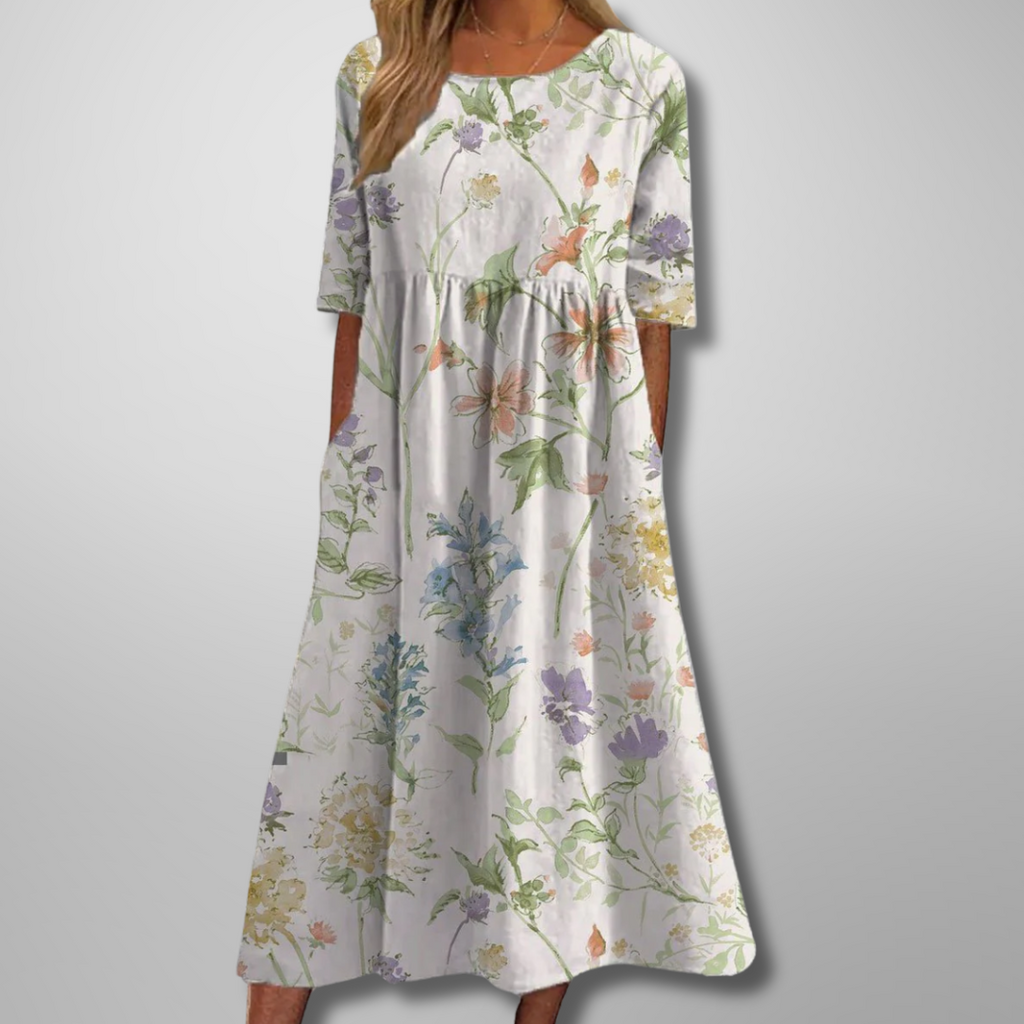 Women's Floral Print Midi Dress with Half Sleeves and Pockets - White