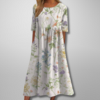 Women's Floral Print Midi Dress with Half Sleeves and Pockets - White