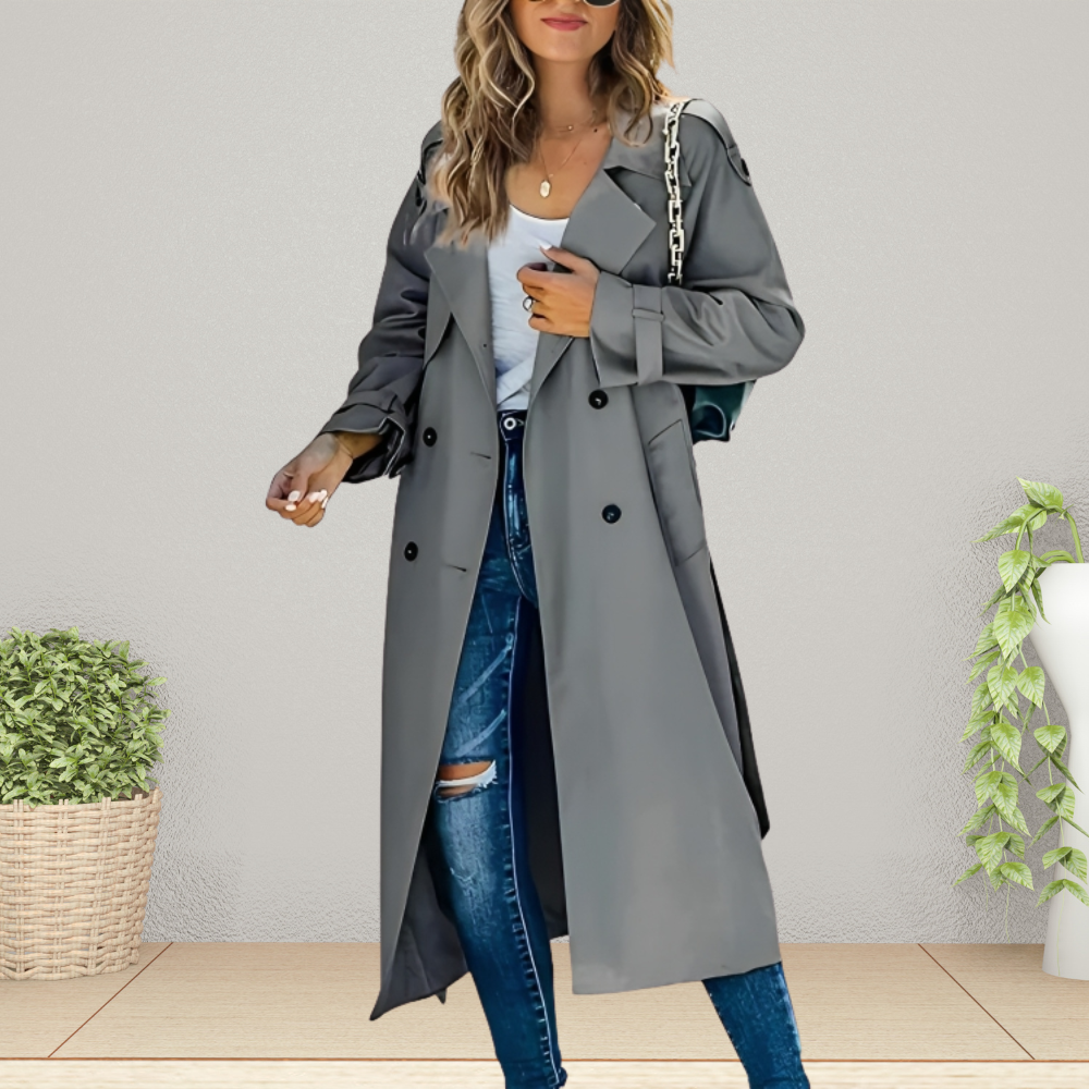 Women's Double-Breasted Trench Coat with Notched Collar - Grey