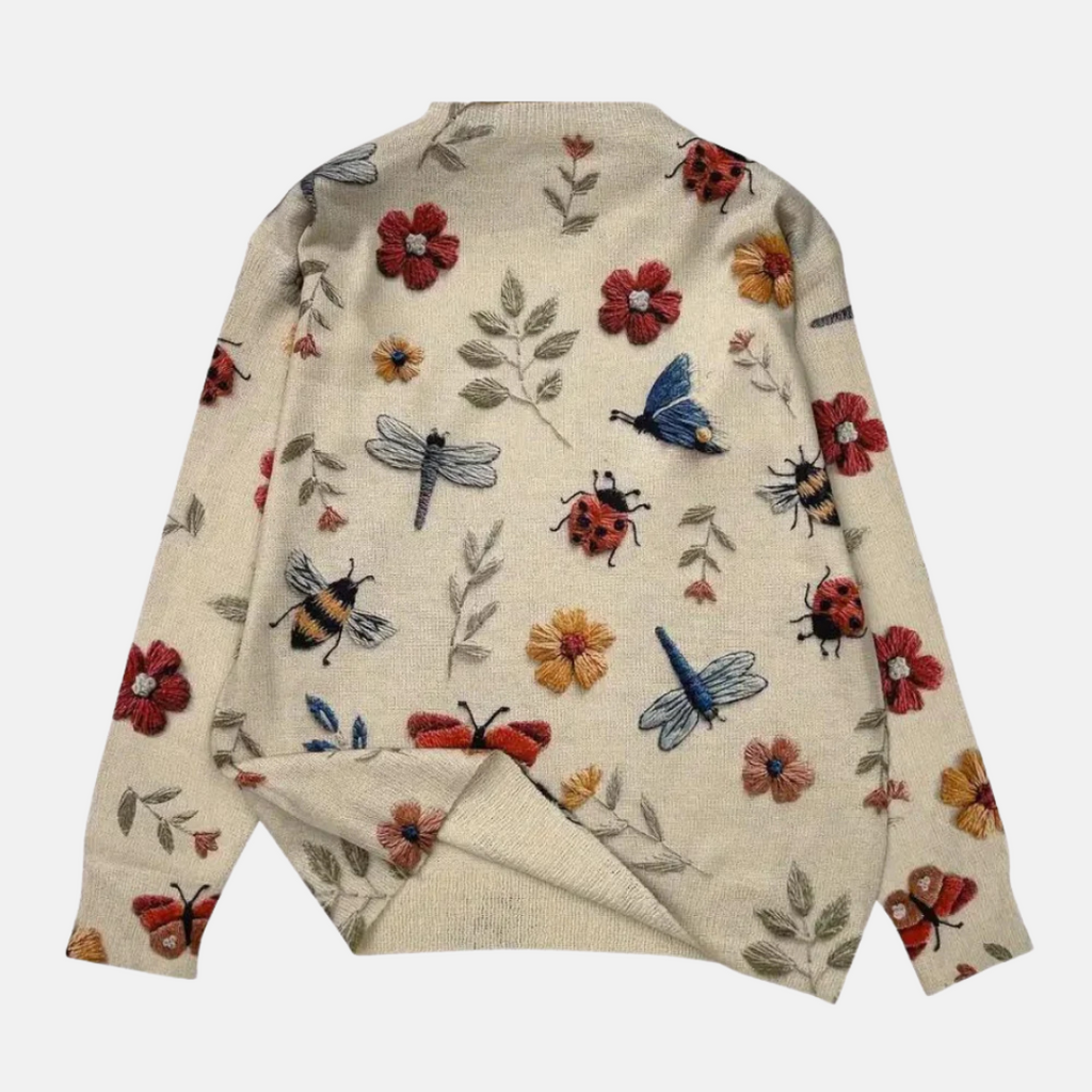 Women's Embroidered Floral Knit Jumper Loose Fit Crew Neck - 4