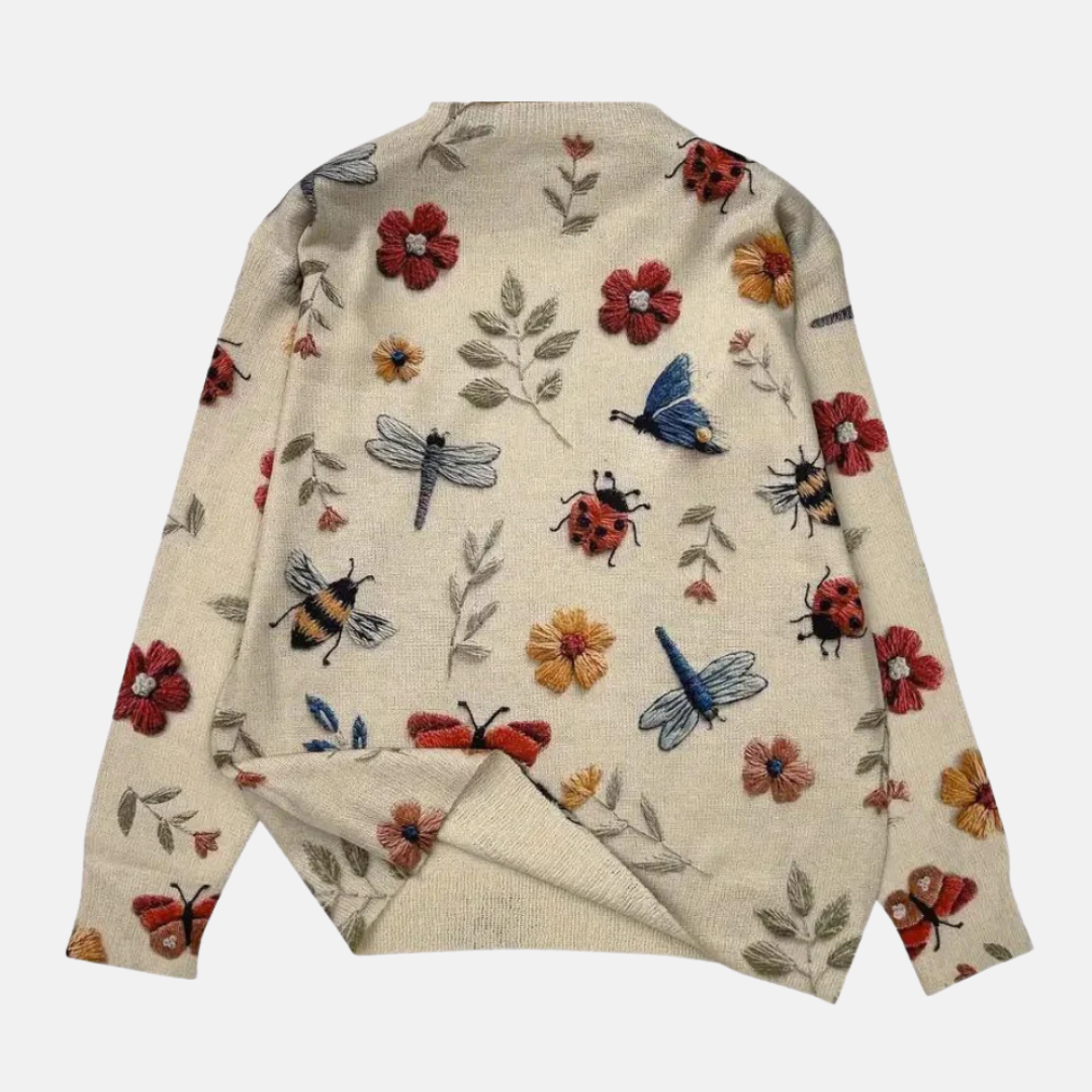 Women's Embroidered Floral Knit Jumper Loose Fit Crew Neck - 4
