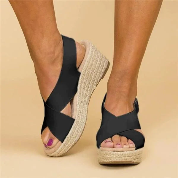 Women's Espadrille Wedge Sandals with Crossover Straps - Black