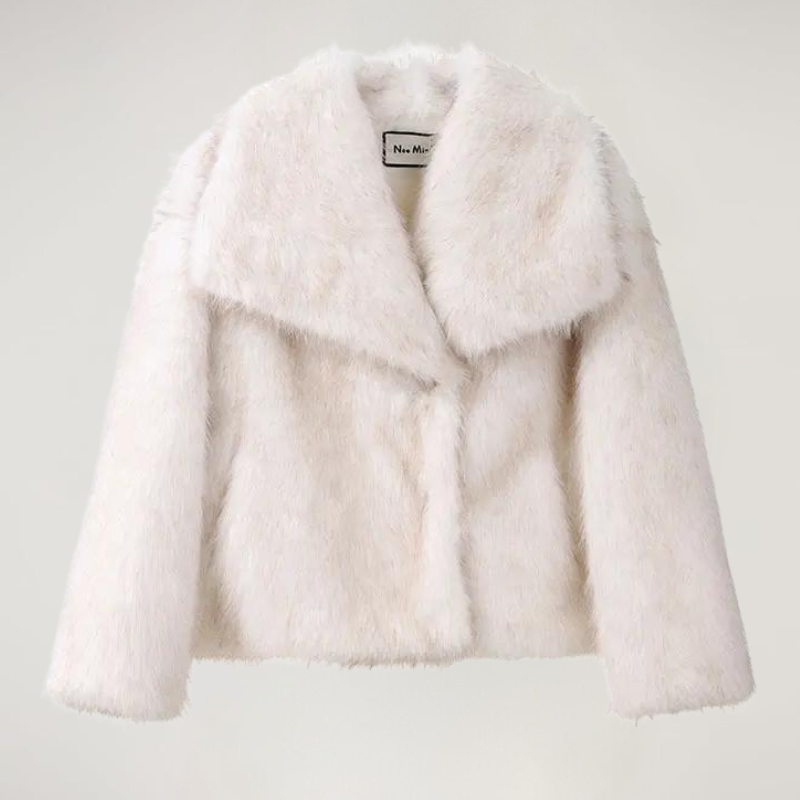 Women's Faux Fur Coat with Wide Collar - Cream/White