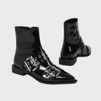 Women's Chunky Mid-Heel Zipper Biker Boots with Buckle Detail - 5