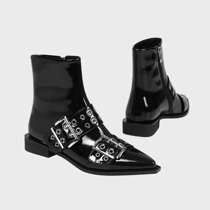 Women's Chunky Mid-Heel Zipper Biker Boots with Buckle Detail - 5