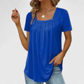 Women's Blouse Short Sleeve with Square Neckline and Pleated Front - Blue