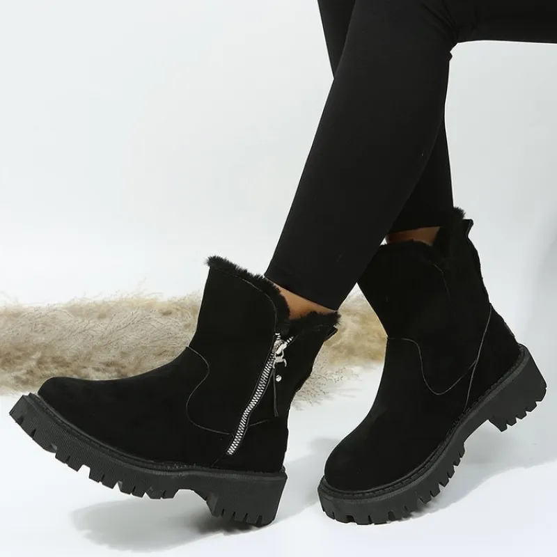 Women's Ankle Boots with Faux Fur Trim and Side Zip - Black