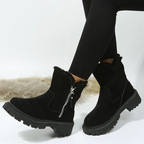 Women's Ankle Boots with Faux Fur Trim and Side Zip - Black