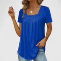 Women's Blouse Short Sleeve with Square Neckline and Pleated Front - Blue