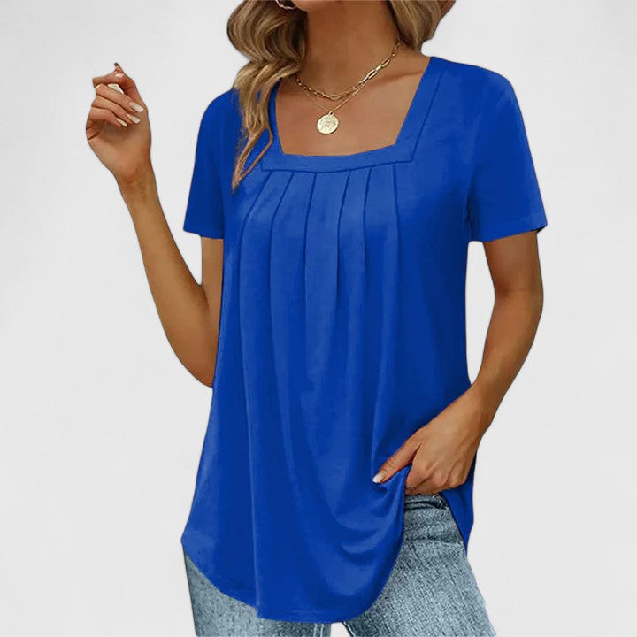 Women's Blouse Short Sleeve with Square Neckline and Pleated Front - Blue
