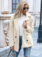 Women's Teddy Coat with Notch Lapel and Button Front - Beige