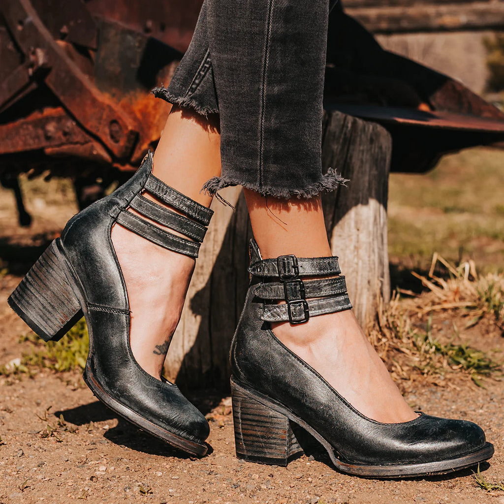Women Block-Heel Shoes with Double Ankle Buckle Straps - Black