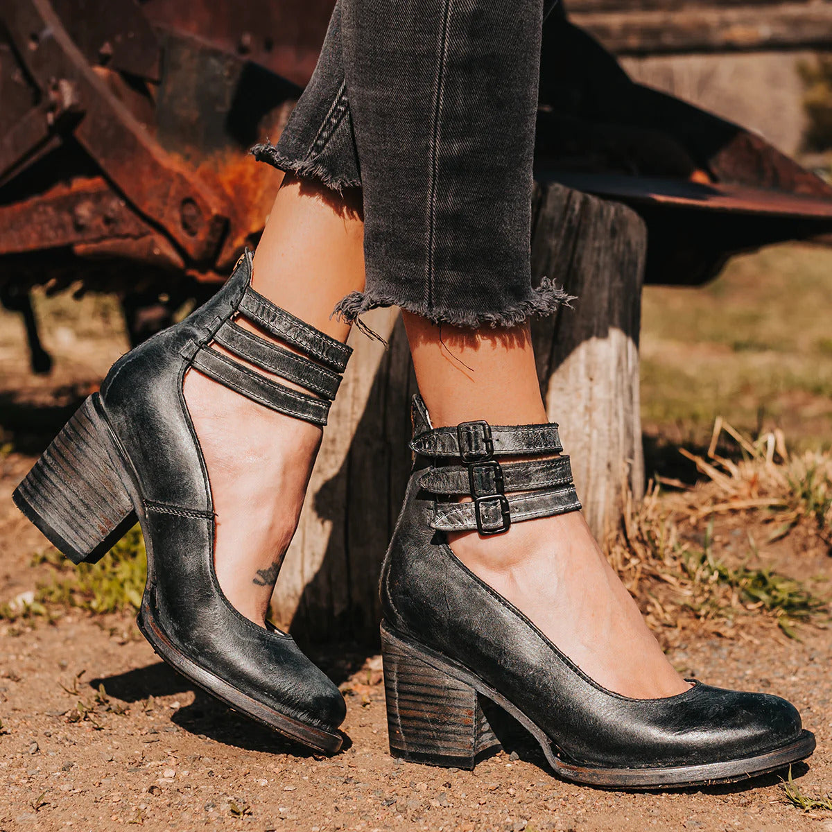 Women Block-Heel Shoes with Double Ankle Buckle Straps - Black