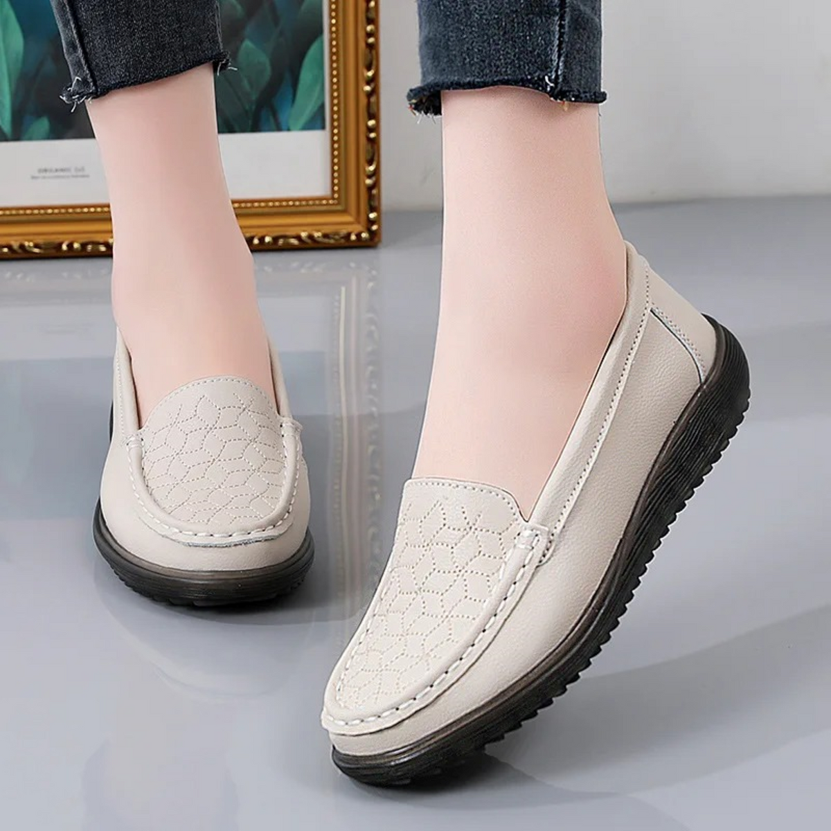 Women's Slip-On Loafers with Textured Relief Pattern - 4
