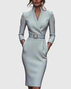 Women's Pencil Midi Dress with Wrap Neckline and Three-Quarter Sleeves - Grey