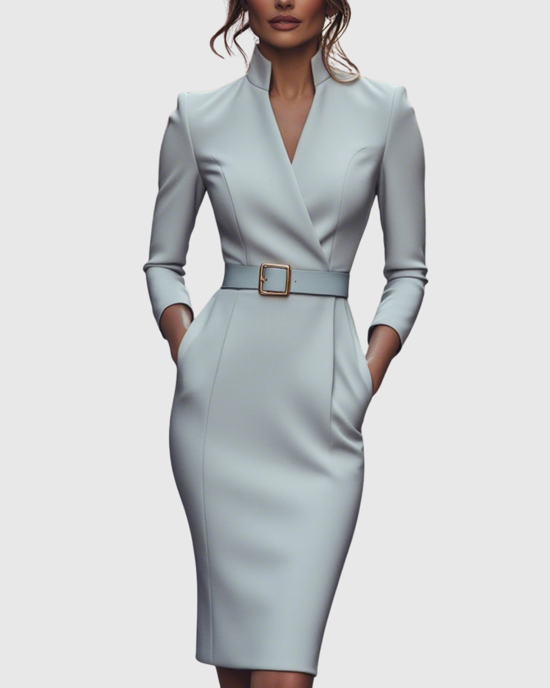 Women's Pencil Midi Dress with Wrap Neckline and Three-Quarter Sleeves - Grey