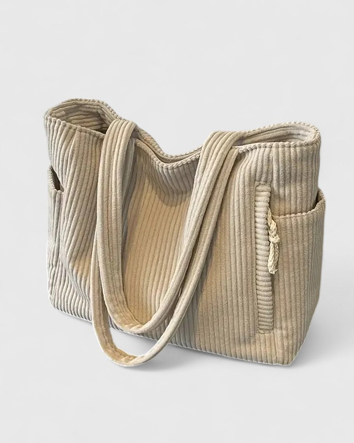 Women's Ribbed Tote Bag with Cord Detail - White