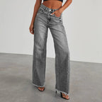Women's Wide-Leg Jeans with Frayed Hem for Casual Style - Grey