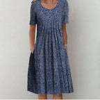 Women's Floral Print Short Sleeve Dress with Round Neck and Pockets - 5