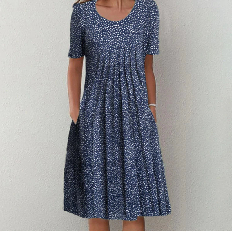 Women's Floral Print Short Sleeve Dress with Round Neck and Pockets - 5