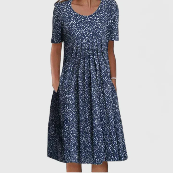 Women's Floral Print Short Sleeve Dress with Round Neck and Pockets - Blue Polka Dot