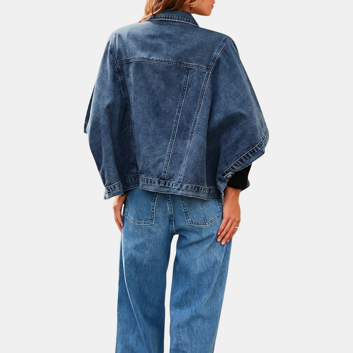 Women's Batwing Sleeve Cropped Denim Jacket Oversized Cape - 8