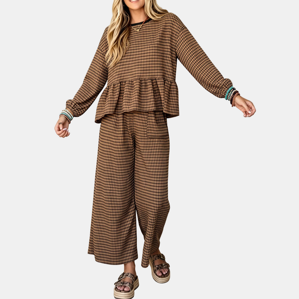 Women's Ruffle Hem Lounge Set Wide Leg Cropped Trousers - 8