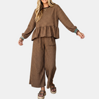 Women's Ruffle Hem Lounge Set Wide Leg Cropped Trousers - 8