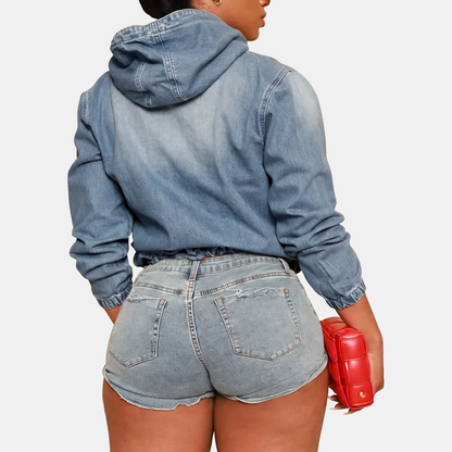 Women's Cropped Zip Up Hoodie Denim Sweatshirt - 7