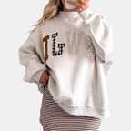 Women's Graphic Crewneck Oversized Sweatshirt with Patchwork Appliqué - 5