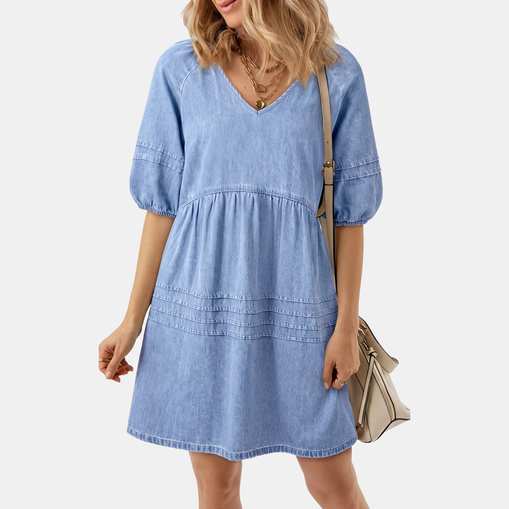 Women's Puff Sleeve Empire Waist V-Neck Mini Dress - 9