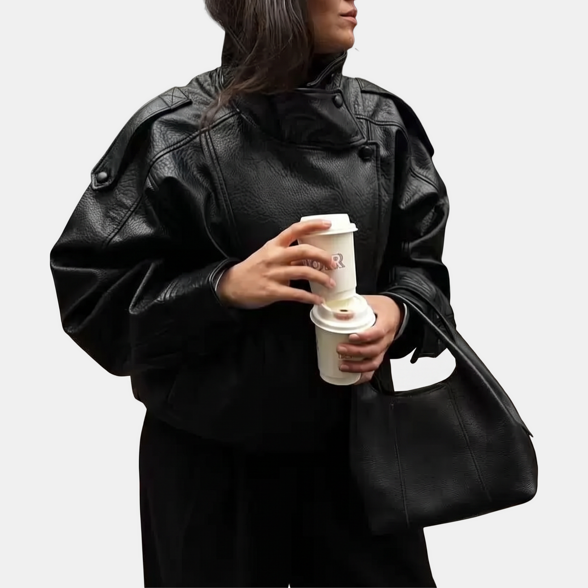 Women's Pebbled Faux Leather Bomber Jacket Oversized Stand Collar - 7