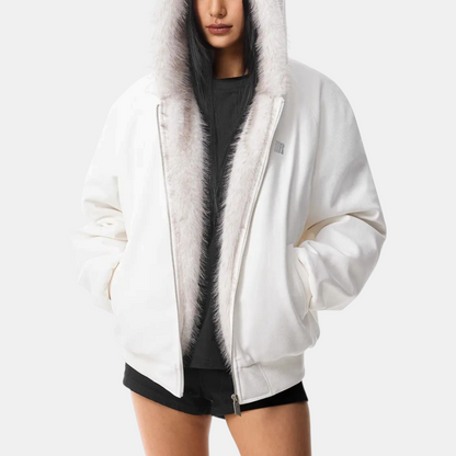 Women's Faux Fur Lined Bomber Jacket with Cat Ear Hood - 10